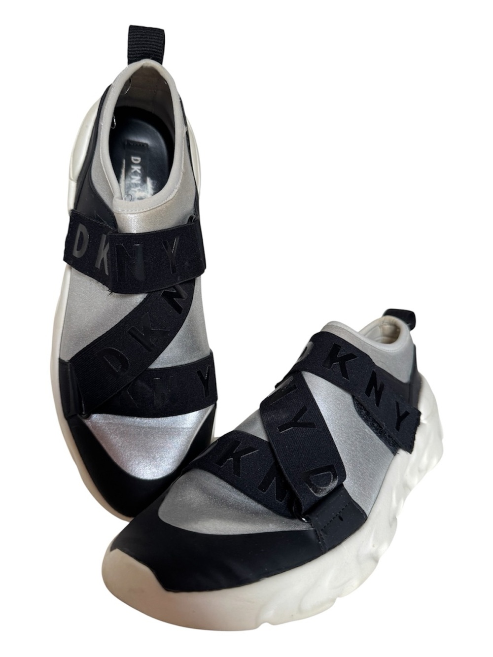 DKNY Silver and Black Slip-On Athletic Wedge Platform Sneakers 9